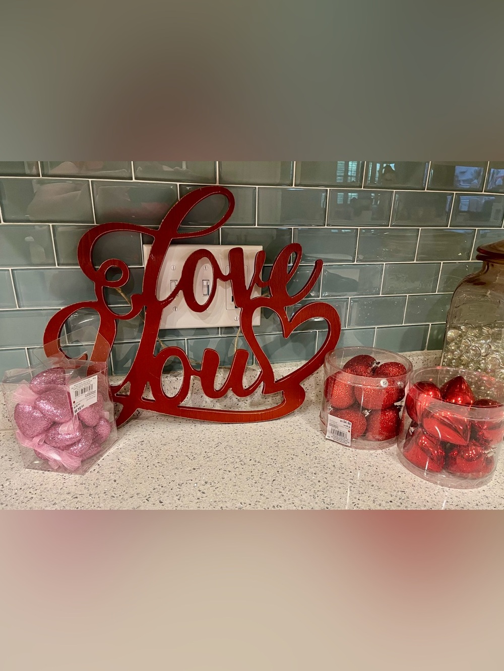 Wooden “LOVE YOU” in Script Sign. Approx 13” x 16” plus 3 container of Hearts!